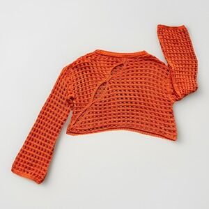 🧡 Vibrant Orange Crochet Mesh Crop Top  Festival Beach Cover Up L 🧡